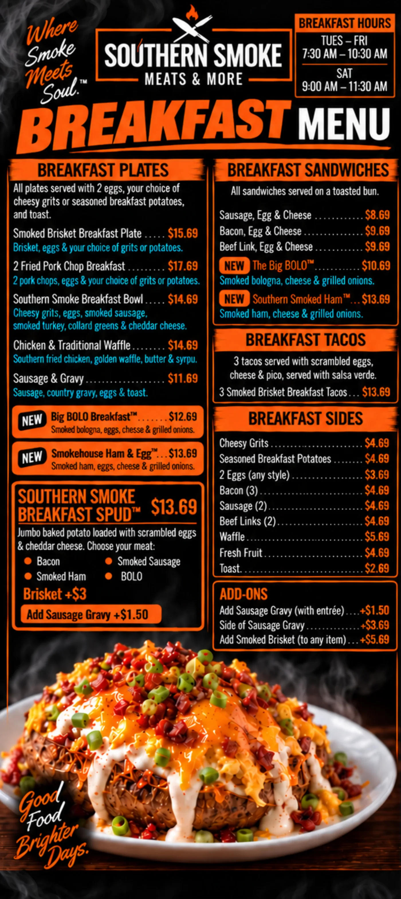 Southern Smoke Breakfast Menu, page 1 of 2