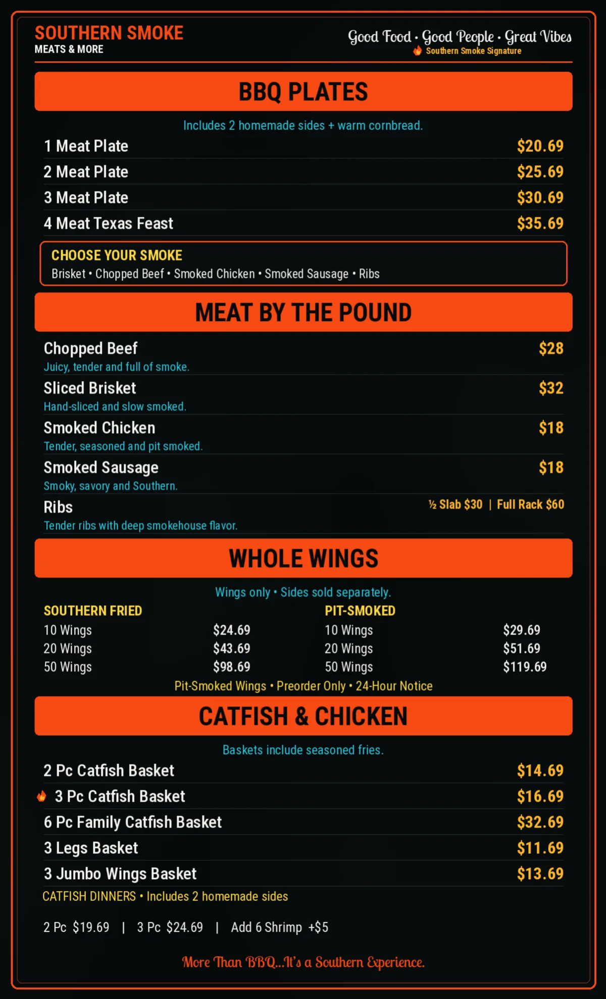 Southern Smoke Full Menu, page 1 of 5